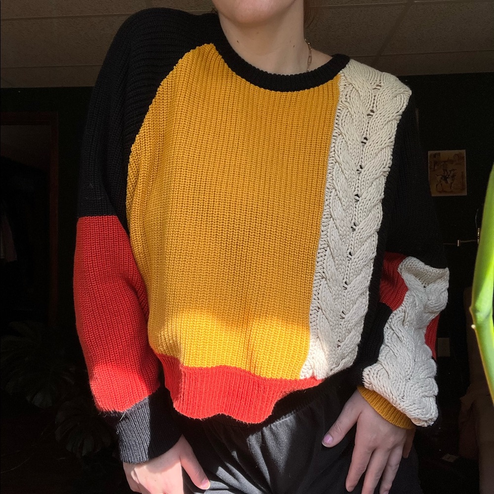 Slouchy Color Block Cable-knit Sweater